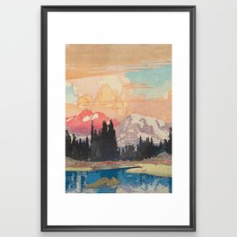 Storms over Keiisino - Winter Mountain & Forest Ukiyoe Nature Landscape in Pink, Blue, and Green Framed Art Print