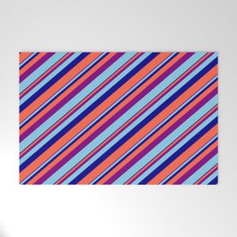 [ Thumbnail: Purple, Sky Blue, Dark Blue, and Red Colored Lines/Stripes Pattern Welcome Mat ]