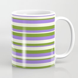 [ Thumbnail: Green, Purple, and Beige Colored Lines Pattern Coffee Mug ]