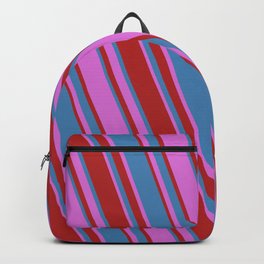 [ Thumbnail: Orchid, Red & Blue Colored Lined/Striped Pattern Backpack ]
