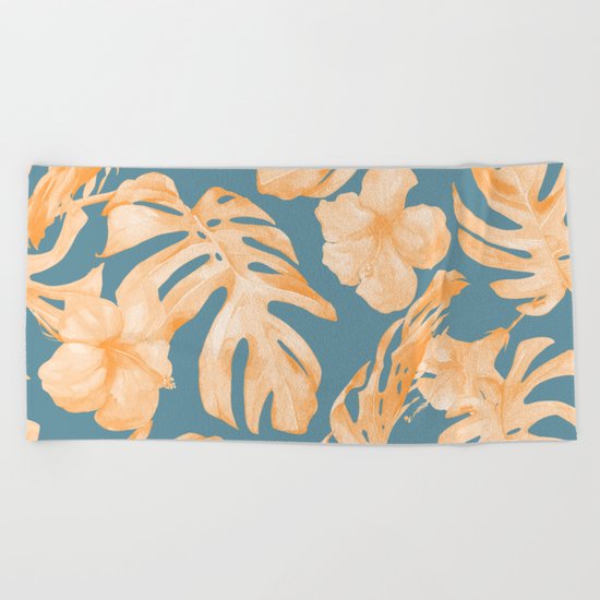 Island Hibiscus Palm Coral Teal Blue Beach Towel
