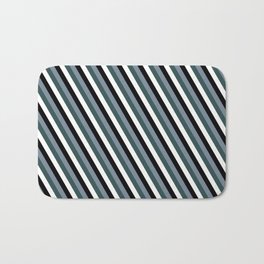 [ Thumbnail: White, Black, Light Slate Gray, and Dark Slate Gray Colored Stripes/Lines Pattern Bath Mat ]