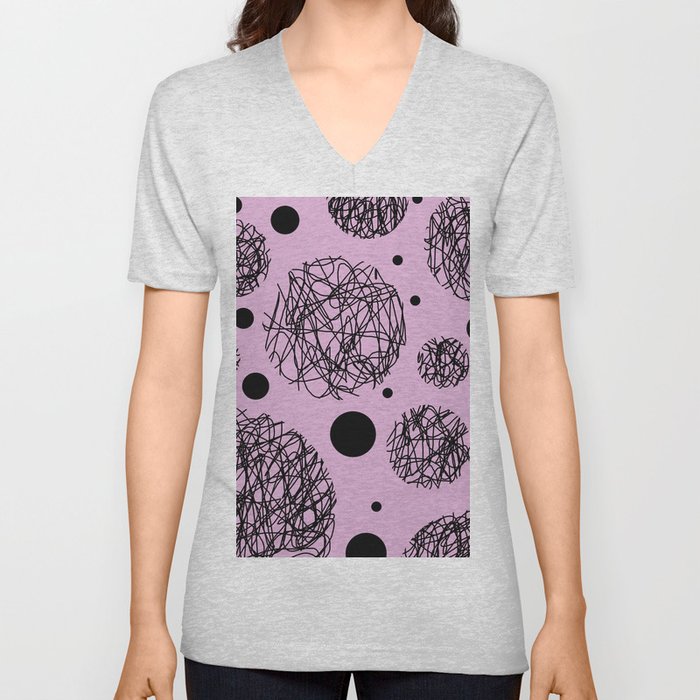 Scribbles II - Abstract black scribbles and black circles pattern on pink V Neck T Shirt