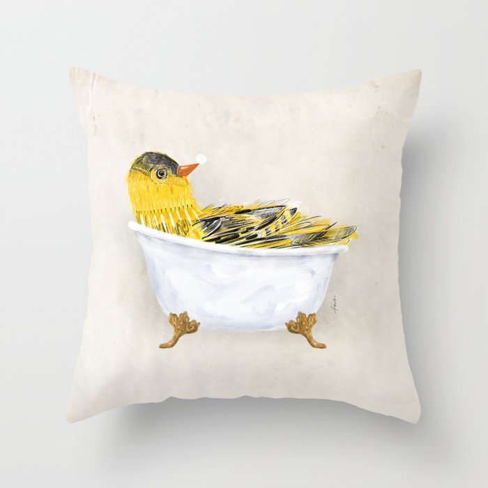 Canary Yellow Bird clawfoot tub bubble bath soap art artwork birdbath  Throw Pillow