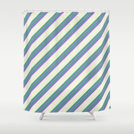[ Thumbnail: Sea Green, Purple & Beige Colored Stripes/Lines Pattern Shower Curtain ]