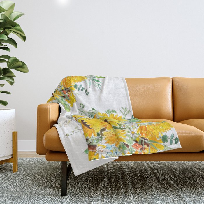 yellow sunflower blue hydrangea white orchid arrangement ink and watercolor  Throw Blanket