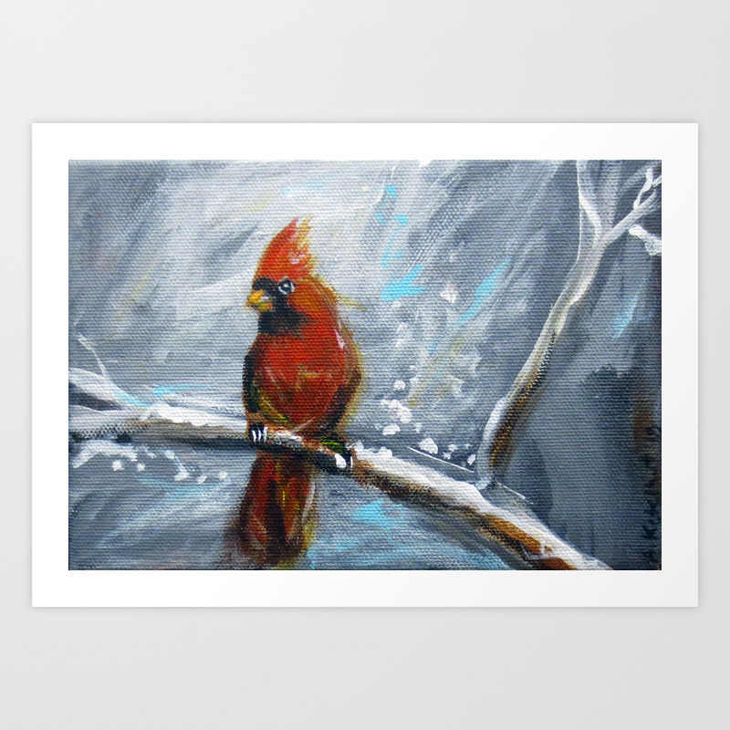 Red Cardinal Peaceful Winter Spiritual Original Bird Painting By