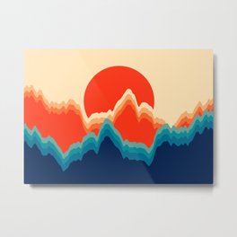 Retro 70s and 80s Color Palette Mid-Century Minimalist Nature Mountains and Sun Metal Print