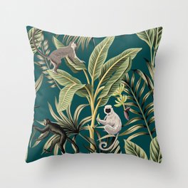 Tropical vintage banana trees, plants, palm leaves, lemur, monkey floral seamless pattern green background. Exotic jungle wallpaper.  Throw Pillow