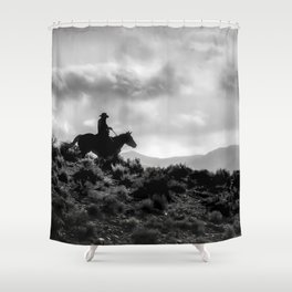 Cowboy and his horse on the valley at evening Shower Curtain
