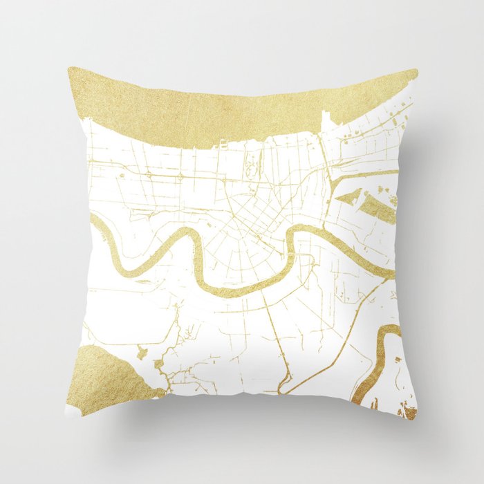 New Orleans White and Gold Map Throw Pillow