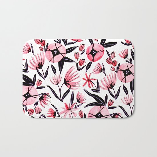 Black and Peach Flowers - Watercolor Pattern Bath Mat