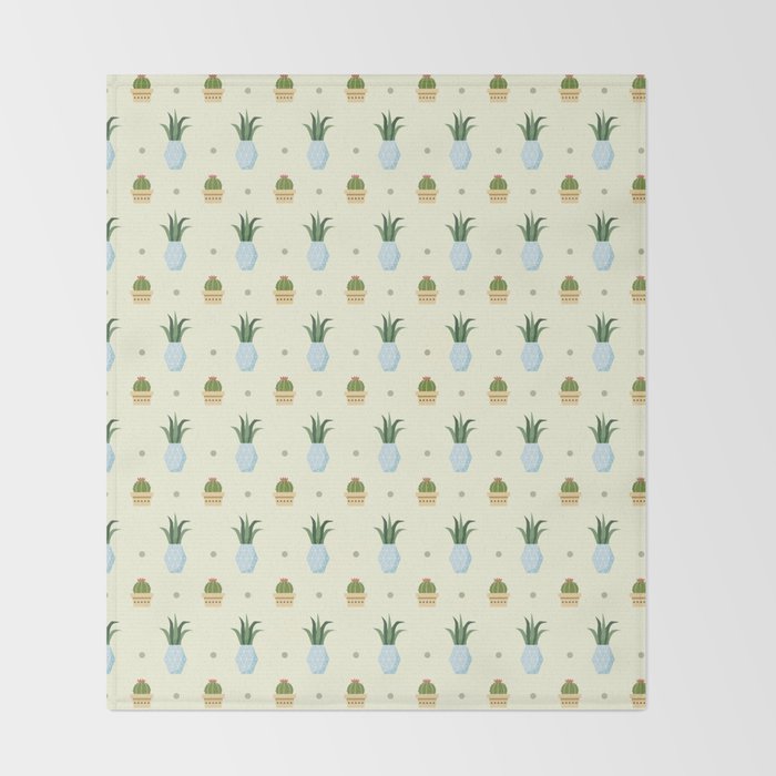 Pastel Yellow Brown Green Cactus Floral Dots Summer Pattern Throw Blanket By Pink Water