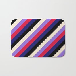 [ Thumbnail: Beige, Purple, Crimson, Midnight Blue, and Black Colored Lines/Stripes Pattern Bath Mat ]