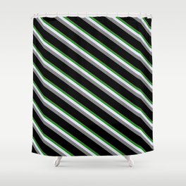 [ Thumbnail: Light Salmon, Forest Green, Lavender, Gray, and Black Colored Stripes/Lines Pattern Shower Curtain ]