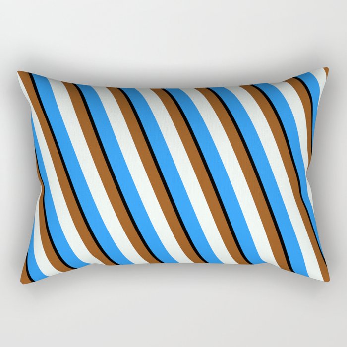 Brown, Mint Cream, Blue, and Black Colored Pattern of Stripes Rectangular Pillow