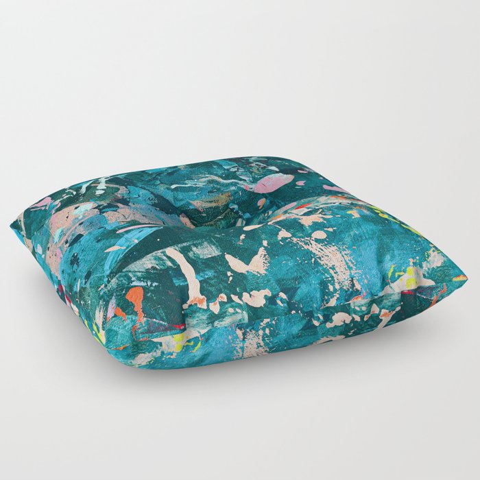 A Cause for Celebration: a colorful abstract design in blue, tan, and neon green by Alyssa Hamilton Art Floor Pillow