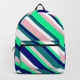 [ Thumbnail: Vibrant Pink, Green, Blue, Teal, and White Colored Striped/Lined Pattern Backpack ]