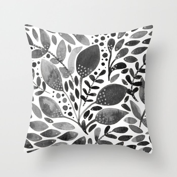 Watercolor branches and leaves - black and white Throw Pillow