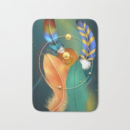3d colored feathers and pearl and golden circles in wavy dark background Bath Mat