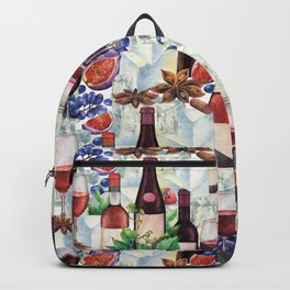 Watercolor wine glasses and bottles decorated with delicious food Backpack