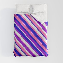 [ Thumbnail: Dark Violet, Mint Cream, Hot Pink, and Blue Colored Stripes/Lines Pattern Duvet Cover ]