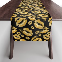 Two Kisses Collided Yellow Colored Lips Pattern Table Runner