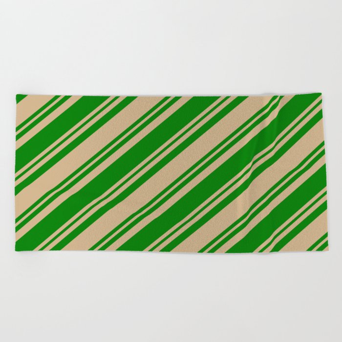 Tan and Green Colored Lined Pattern Beach Towel