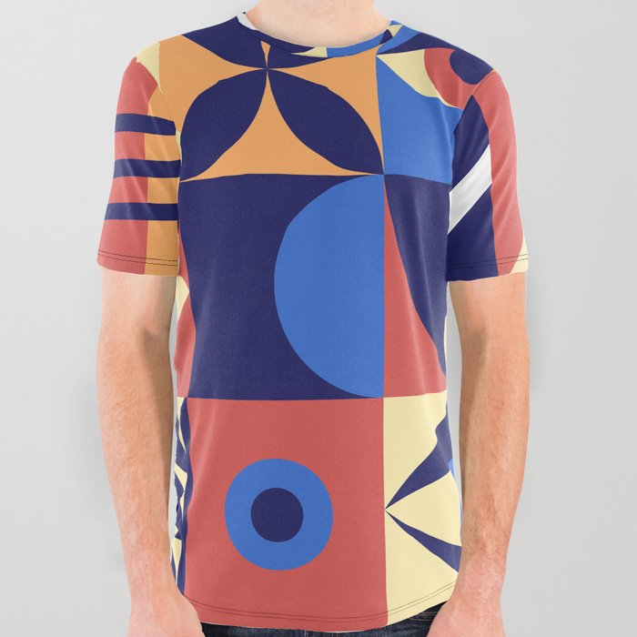 Bauhaus geometric abstract elements with eyes and simple forms. Modern style shapes, minimalistic retro design. Hipster 20s trend collage, illustration.  All Over Graphic Tee