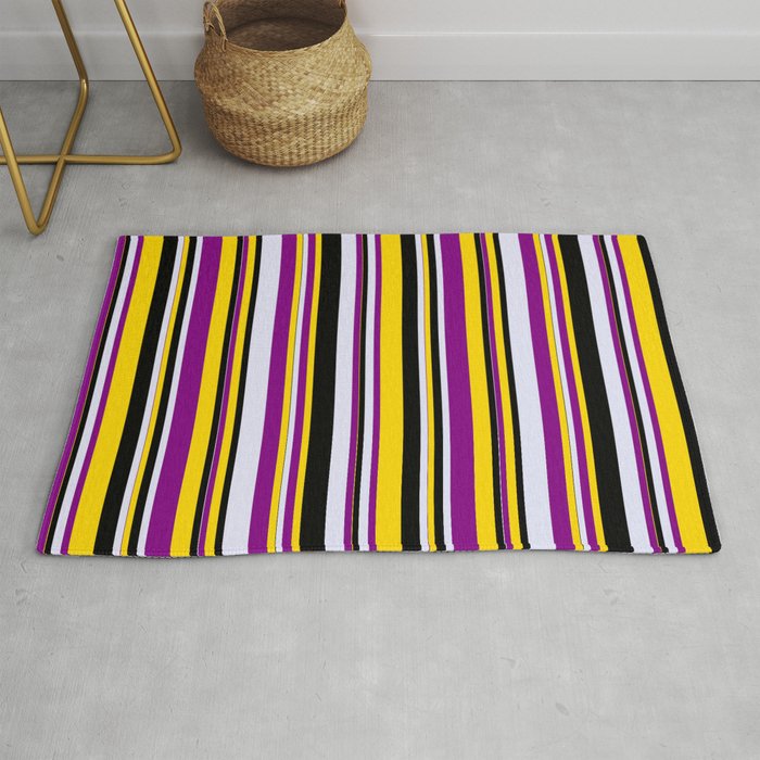 Yellow, Purple, Lavender & Black Colored Striped/Lined Pattern Rug