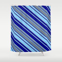 [ Thumbnail: Light Sky Blue, Slate Gray, and Dark Blue Colored Striped/Lined Pattern Shower Curtain ]
