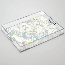 Seamless tropical pattern with flowers Orchid, Fleur de lis, leaves and Parrot Cockatoo. Vintage illustration in vintage style.  Acrylic Tray