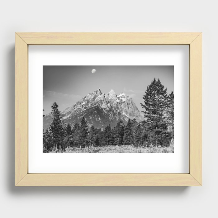 Moon Over Grand Teton Mountain Peaks - Black and White Recessed Framed Print