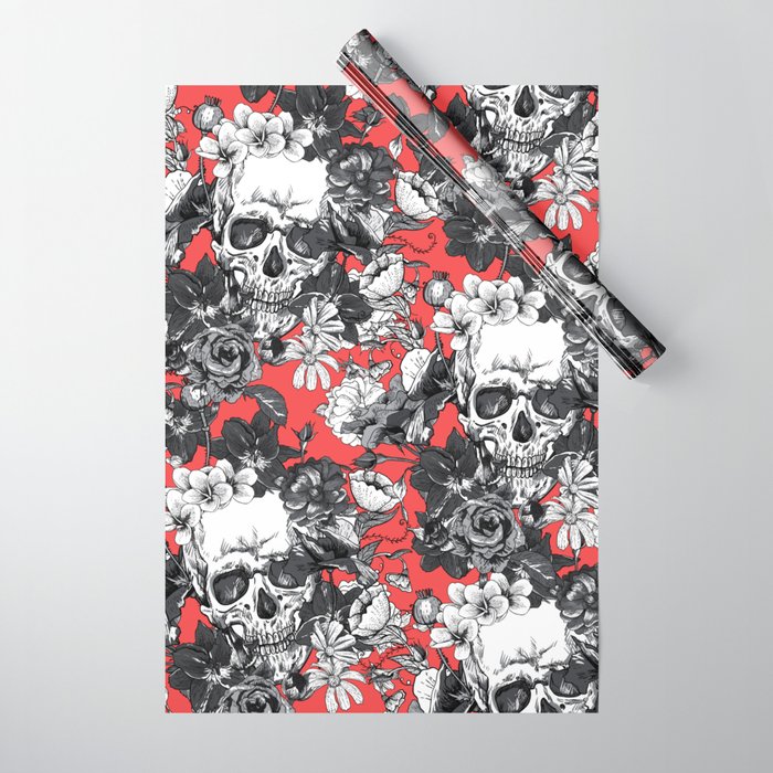 SKULLS ON RED BACKGROUND Wrapping Paper