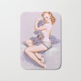 Pin Up Girl Roxanne by Gil Elvgren strawberry blonde Bath Mat | Fun, Gray, Sassy, Pinupgirl, Sensual, Homedecor, Antique, Officedecor, Woman, Gilelvgren 