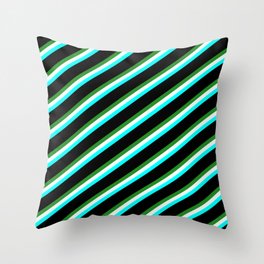[ Thumbnail: Forest Green, Mint Cream, Cyan & Black Colored Striped Pattern Throw Pillow ]