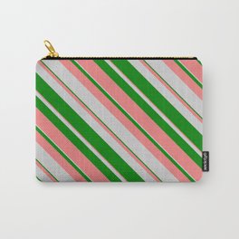 [ Thumbnail: Light Grey, Green & Light Coral Colored Lines/Stripes Pattern Carry-All Pouch ]