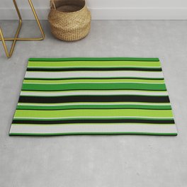 [ Thumbnail: Green, Light Gray, Forest Green, and Black Colored Stripes Pattern Rug ]
