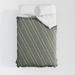[ Thumbnail: Dim Grey, Dark Green, and Light Grey Colored Stripes Pattern Comforter ]