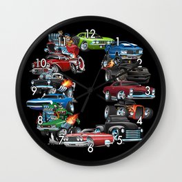 Car Madness! Muscle Cars and Hot Rods Cartoon Wall Clock