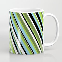 [ Thumbnail: Eye-catching Dark Olive Green, Green, Sky Blue, Black & White Colored Stripes/Lines Pattern Coffee Mug ]