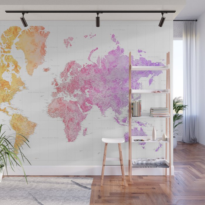 Colorful gradient highly detailed world map with cities, Missy Wall Mural