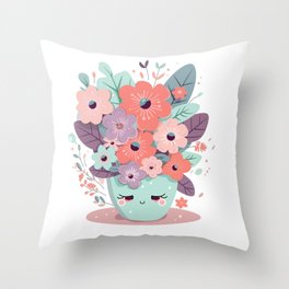 Happy Mothers day planter with flowers kawaii style Throw Pillow