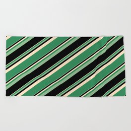 [ Thumbnail: Bisque, Sea Green, Dark Sea Green, and Black Colored Lined Pattern Beach Towel ]