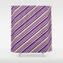 [ Thumbnail: Indigo and Pale Goldenrod Colored Lined Pattern Shower Curtain ]