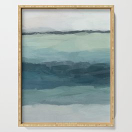 Sea Levels - Seafoam Green Mint Navy Blue Abstract Ocean Art Painting Serving Tray