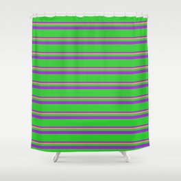 [ Thumbnail: Lime Green, Dark Orchid, and Dark Salmon Colored Lines/Stripes Pattern Shower Curtain ]