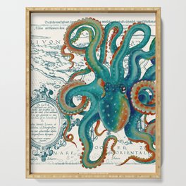 Teal Octopus Vintage Map Watercolor Serving Tray