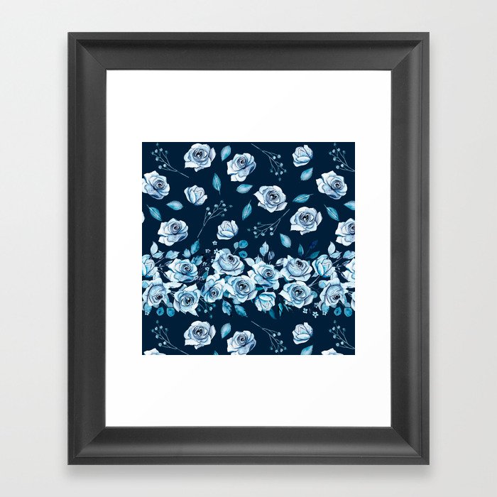 Indigo pattern with watercolor roses. Framed Art Print