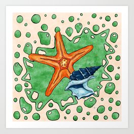Star fish and seashell watercolor, coastal summer Art Print